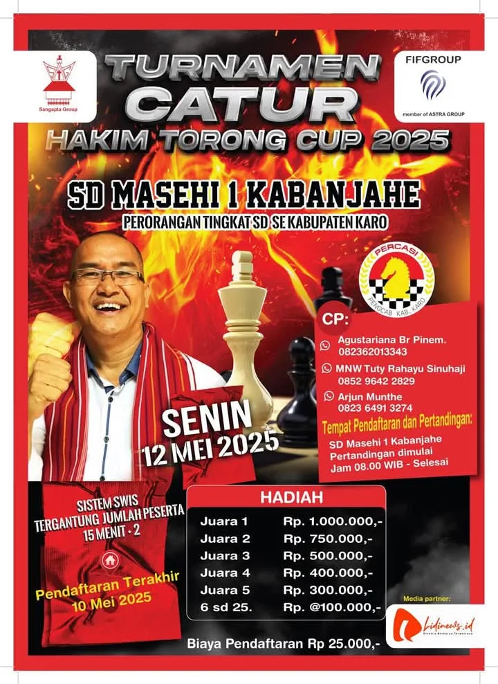 Turnamen Catur Hakim Torong Cup 2025 Antar Pelajar SD Akan Diselenggarkan di SD Masehi 1 Kabanjahe